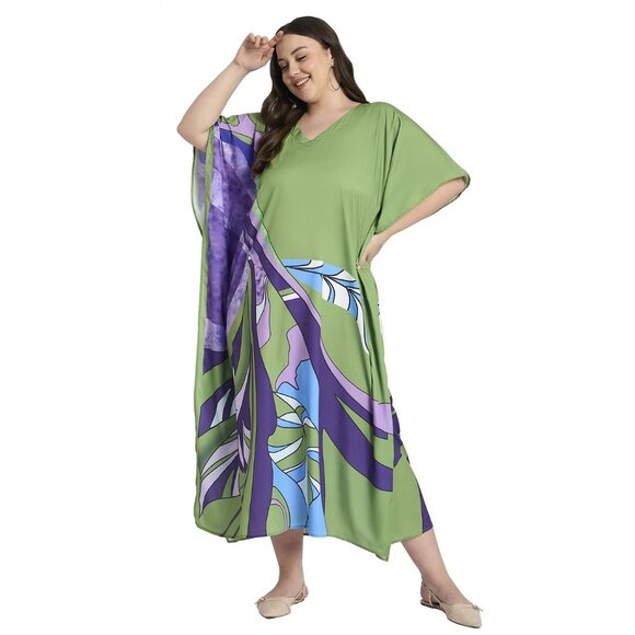 Gypsie Blu Women Leaf Printed Plus Size Kaftan Dress Evening Maxi for Party Wear - Picture 3 of 8